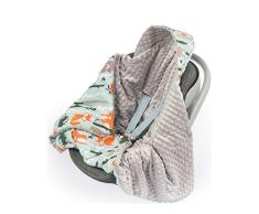 Babydecke MINKY mit Kapuze 90x90 cm Einschlagdecke Babyschale Kinderwagen Decke (Waldtiere/Grau)