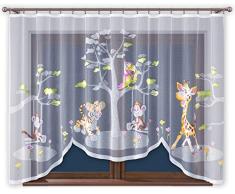 Promag Vorhang Gardine mit Kräuselband Kinderzimmer Kindergardine Junge Weiß 300 cm Extra Breit Dschungel Motiv Scheibengardine Kurzgardine Transparent Kurz Zoo Durchsichtig Universalband