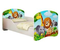 Clamaro Traumland Motiv Kinderbett Komplett Set 70 x 140 cm inkl. Matratze und Lattenrost, Sicherheit durch ABS Kantenschutz und Seitenteilen mit Rausfallschutz - 140 x 70 cm, Design: 02 - Animals Motiv