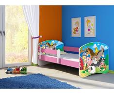 Clamaro Fantasia Pink Motiv Kinderbett Komplett Set 140 x 70 cm inkl. Matratze und Lattenrost, Kantenschutzleisten umlaufend, extra Rausfallschutz Seitenteil (verstellbar), Seitenteile: Pink, Design: 34 Kleine Farm