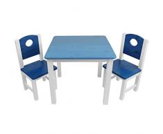 Kinder-Sitzgruppe - Kinderzimmer Set: 1 Tisch und 2 Stühle - top Möbel-Qualität aus Kiefer Massivholz - Kindertisch und Kinderstühle für Jungen und Mädchen, Farbe:Blau