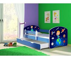 Clamaro Fantasia blau Motiv Kinderbett Komplett Set 160 x 80 cm inkl. Matratze, Lattenrost und Bettkasten Unterbett Schublade auf Rollen, Kantenschutzleisten umlaufend, extra Rausfallschutz Seitenteil (verstellbar), Seitenteile: Blau, Design: 22 Weltall