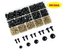 Aucheer 200 Stück 6 mm - 12mm Sicherheitsaugen Set Kunststoff Schwarze Solide Sicherheit Augen mit Unterlegscheiben für Teddy Amigurumi Plüschtier Puppe Marionette - Schwarze