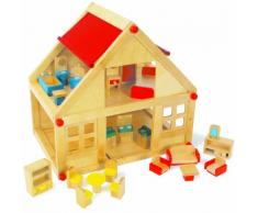 Puppenhaus „Wohnhaus“ aus Holz, inkl. Zubehör (22 Puppenmöbel), Spielspaß über 2 Etagen, Puppenstube mit offenen Seiten und aufklappbaren Dächern für einfaches Bespielen