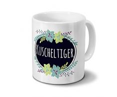 Tasse mit Namen Kuscheltiger - Motiv Flowers - Namenstasse, Kaffeebecher, Mug, Becher, Kaffeetasse - Farbe Weiß