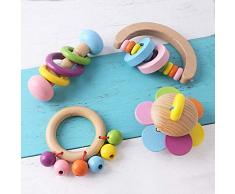 Promise Babe Bio Kleinkind Holzspielzeug Holz Beißring Rasseln 4pc für Kinder Regenbogenglocken Baby Ringer Montessori Pädagogisches Spielzeug Ungiftig Dusche Geschenk