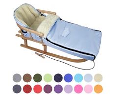 BAMBINIWELT Kombi-Angebot Holz-Schlitten mit Rückenlehne & Zugseil + universaler Winterfußsack (108cm), auch geeignet für Babyschale, Kinderwagen, Buggy, aus Wolle Uni (hellblau)