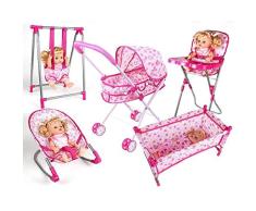 YUEBAOBEI 5-in-1-Kinder Deluxe Rollenspiele Puppe Spielset/Klappbett Bett/Adjustable-Schaukelsitz/Hochstuhl und Rocking Cradle Set/Simulation Spielzeug-Set