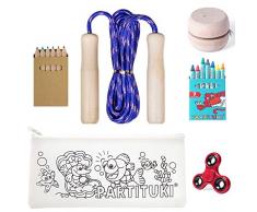 Partituki Pack Kinderspiele und Färbung Lieferumfang: Set mit 7 Wachsen, Set mit 6 Stiften, Springseil, Holz-Yoyo für Kinder, Farbkoffer und Fingerspinner