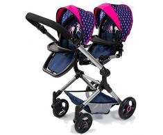 Bayer Design 26254AA Zwillingspuppenwagen, Puppenwagen, höhenverstellbar, zusammenklappbar, integrierter Einkaufskorb, kompatibel mit EasyGo, blau mit Einhornmotiv u. Herzenmuster