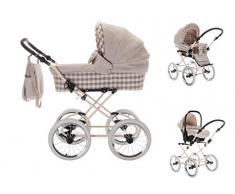 Friedrich Hugo Natureline Checked | 3 in 1 Kombi Kinderwagen Komplettset | Öko Nostalgie Kinderwagen | Farbe: Claudette Creme