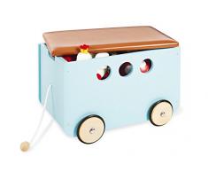 Pinolino Spielzeugkiste Jim, aus Holz und Kunstleder, mit Zugschnur und gummierten Holzrädern, Deckel abnehmbar, ab 3 J., mint lackiert/Kunstleder braun