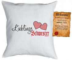 Mädchen/Kinder/Deko-Kissen inkl. Spaß-Urkunde Thema Geschwister: Lieblings Schwester - Geschenkidee