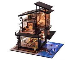 Gpzj Häuser für Mini-Puppenhaus-Miniatur mit Möbel-Puppenhaus-Kit und Miniatur-Puppenhaus-Spieluhr aus Holz-Puppenhaus-Kit