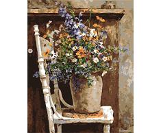 CaptainCrafts Neu Malen nach Zahlen Kits 16x20 für Erwachsene Anfänger Kinder, Creative DIY digitales Ölgemälde Kinder Leinwand - Wilde Blumen Töpfe Stuhl (Frameless)