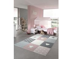 Kinderteppich Spielteppich Teppich Kinderzimmer Babyteppich mit Herz Stern in Rosa Weiss Grau Größe 120 cm Rund