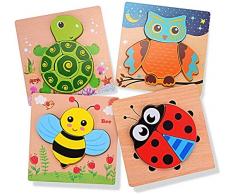 EKKONG 3D Tier Holzpuzzle für Kinder, Steckpuzzle Eule Schildkröte Marienkäfer Biene, Holzspielzeug Geschenke, Sortierspiel Lernspielzeug Baby Spielzeug für kleine Jungen Mädchen (4 Teiliges)