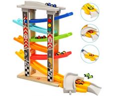 TOP BRIGHT Kugelbahn Autorennbahn Holz mit 6 Fahrzeuge, Auto Rennbahn Kinder Geschenke Holz Spielzeug ab 1 Jahr