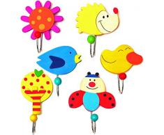 alles-meine.de GmbH 6 Stück _ Garderobenhaken - Bunte Tiere - Marienkäfer / Igel / Ente / Vogel - aus Holz - Wandhaken / Kindergarderobe mit 1 Kleiderhaken - Kind Wandgardero..