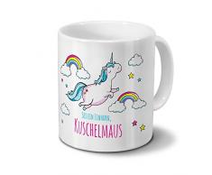 Tasse mit Namen Kuschelmaus - Motiv Dickes Einhorn - Namenstasse, Kaffeebecher, Mug, Becher, Kaffeetasse - Farbe Weiß