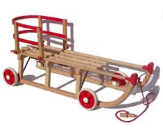 Roll Rodel Original Holzschlitten mit Rädern zum Einsatz auf Teer und Schnee - Schlitten mit Rollen, roter Kunststofflehne und Zugseil (Davoser Schlitten 110cm) - Kinderfahrzeug - Babyschlitten