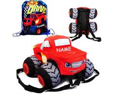 alles-meine.de GmbH 2 TLG. Set _ Plüsch Rucksack / Kuscheltier + Turnbeutel - Blaze und die Monster Maschinen - Auto - incl. Name - Kinderrucksack Plüschtier - groß Kind - Ju..
