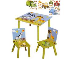 alles-meine.de GmbH 3 TLG. Set: Sitzgruppe / Sitzgarnitur für Kinder - sehr stabiles Holz - Zootiere - Zebra & Giraffe & Bagger / Traktor & Auto - incl. Name - Tisch + 2 Stüh..