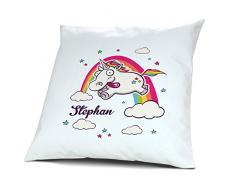 Kopfkissen mit Namen Stephan - Motiv Verrücktes Einhorn, 40 cm, 100% Baumwolle, Kuschelkissen, Liebeskissen, Namenskissen, Geschenkidee