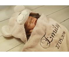 Zweilagige Babydecke mit Namen und Datum bestickt - Wagendecke - 3D Motiven - (Beige Teddybär) (302022)