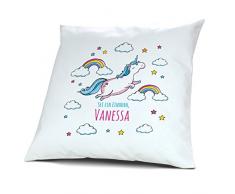 Kopfkissen mit Namen Vanessa - Motiv Sei ein Einhorn, 40 cm, 100% Baumwolle, Kuschelkissen, Liebeskissen, Namenskissen, Geschenkidee