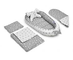 JUKKI 5-tlg Baby Erstausstattung set: Babynest 50x90cm, Stillkissen, Kuscheldecke, Babydecke, Kissen, Nestchen für Babys, 100% Baumwolle, Reisebett, Matratze/Motiv: Graue Sterne