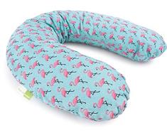 Priebes Nackenhörnchen Peter | Reisekissen für Kinder und Erwachsene | Nackenstütze Nackenkissen mit Stützfunktion | Verhindert Abkippen des Kopfes | 100% Baumwolle, Design:flamingos aqua