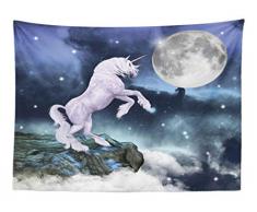 ABAKUHAUS Mond Wandteppich 80 er Jahre Sci Fi Bild Einhorn Über den Wolken Fatasievolle Surreale Illustrationaus Weiches Mikrofaser Stoff 150 x 110 cm Wand Dekoration Für Schlafzimmer Lila Blau