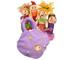 Fingerpuppen-Theater in der Stofftasche mit 4tlg. Fingerpuppen-Set PRINZESSINNEN mit Holzkopf und Stoff