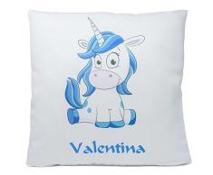Kissen mit Namen Geburt Einhorn blau 40x40 cm inkl. Füllung Kuschelkissen (Vorderseite weiß flauschig / RS weiß flauschig)