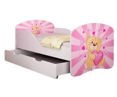 Clamaro Traumland Motiv Kinderbett Komplett Set 70 x 140 cm inkl. Matratze, Lattenrost und Bettkasten Unterbett Schublade auf Rollen, Sicherheit durch ABS Kantenschutz und Seitenteilen mit Rausfallschutz - 140 x 70 cm, Design: 10 - Pink Teddybär Motiv