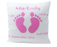 Kissen mit Namen Geburt Babyfüße Mädchen rosa 40x40 cm inkl. Füllung Geburtskissen Taufkissen (Vorderseite weiß flauschig / RS weiß flauschig)