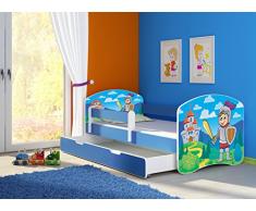 Clamaro Fantasia blau Motiv Kinderbett Komplett Set 180 x 80 cm inkl. Matratze, Lattenrost und Bettkasten Unterbett Schublade auf Rollen, Kantenschutzleisten umlaufend, extra Rausfallschutz Seitenteil (verstellbar), Seitenteile: Blau, Design: 32 Ritter