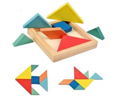 B&Julian 6er Set Holz Mini Tangram Legespiel bunt geometrisch holzpuzzle mit Box Knobelspiel für Kinder