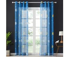 Topfinel Voile Vorhänge mit Ösen Planet Sterne Mustern Dekoschal Kurze Gardine für Kinderzimmer Fenster Schlafzimmer 2er Set 160x140cm (HxB) Blau