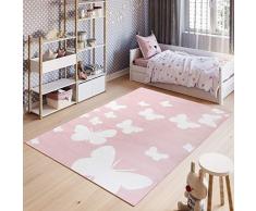 Tapiso Pinky Teppich Kurzflor Kinderteppich Kinderzimmer Pink Rosa Weiß Pastellfarben Modern Schmetterling Spielteppich ÖKOTEX 140 x 200 cm