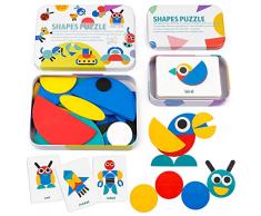 Coogam Holzmuster Blöcke - Tangram Form Puzzle Set Farbsortierung Stapeln Spiel Holz Tier Puzzle Vorschule Montessori Rätsel STEM Geschenk (60 Musterkarten)