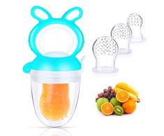 Oladwolf Fruchtsauger Baby, Fresh Fruit Schnuller für Baby & Kleinkind mit 3 Silikon Obstsauger Nippel Ersatz in 3 Größen, BPA Frei Fruchtschnuller Beißring für Obst Gemüse Baby Essen Beikost, Blau