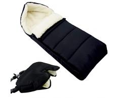 BAMBINIWELT KOMBI-ANGEBOT Muff + Winterfußsack 108cm - aus Lammwolle für Kinderwagen, Buggy, Radanhänger - WOLLE - LINIERT - SCHWARZ