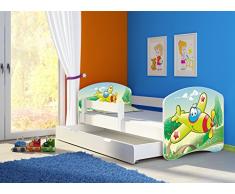 Clamaro Fantasia Weiß Motiv Kinderbett Komplett Set 160 x 80 cm inkl. Matratze, Lattenrost und Bettkasten Unterbett Schublade auf Rollen, Kantenschutzleisten umlaufend, extra Rausfallschutz Seitenteil (verstellbar), Seitenteile: