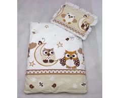 Rawstyle 2 tlg. Set Bezug **12 EULEN-MOTIVE** in 70x50 cm für Kinderwagen, Wiege und Stubenwagen Kinderbettwäsche Garnitur Bettwäsche *Deckenbezug + Kissenbezug* (Eulen Beige/Braun)