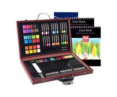 DREAMADE Malkoffer Holz, 80 TLG Malset Zeichenset Malkasten, Malkoffer für Kinder， Farbkasten Bunststifte Set, Künstler Set mit Buntstifte Ölpastelle Aquarellfarben Pinsel Stifte Anspitzer u.w.