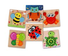 BeebeeRun Kinder Holzpuzzle ab 1 2 3 Jahren,6 Stück Steckpuzzle Holz Spielzeug ab 2 Jahre Mädchen Jungen,Pädagogisches Spielzeug Weihnachten Geburtstag Geschenk