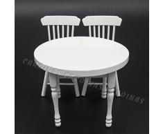 Odoria 1/12 Miniatur Möbel Rund Weiß Esstisch mit 2 Stühlen Set Holz Für Puppenhaus Möbel Zubehör