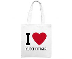 Jutebeutel mit Namen Kuscheltiger - Motiv I Love - Farbe weiß – Stoffbeutel, Jutesack, Hipster, Beutel